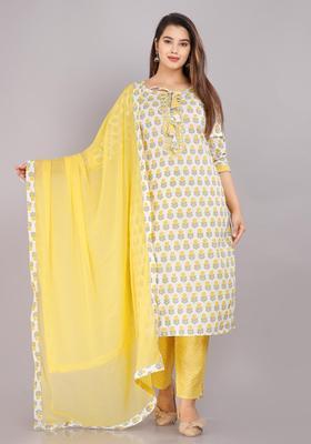 White Floral Print Cotton Kurta Set