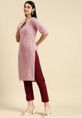 Pink Printed Crepe Kurta Set