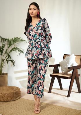 Blue Floral Print Cotton Co-Ord Set