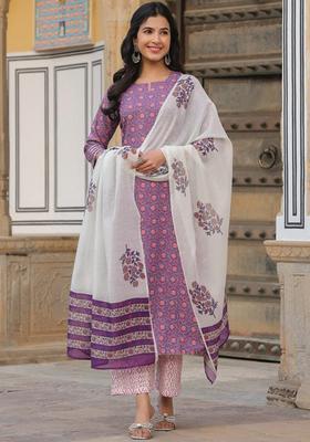 Purple Floral Print Rayon Kurta Set