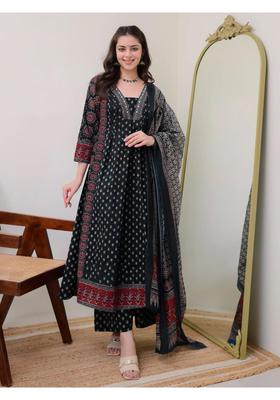 Black Printed Rayon Anarkali Set