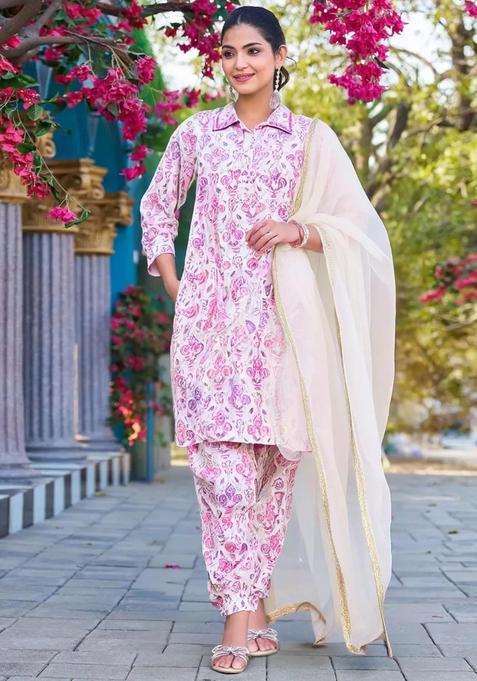 Pink Floral Print Muslin Salwar Suit Set — view on Indya