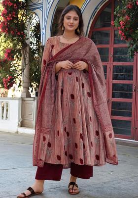Wine Floral Print Rayon Anarkali Set
