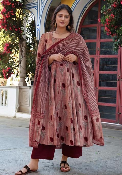 Wine Floral Print Rayon Anarkali Set — view on Indya