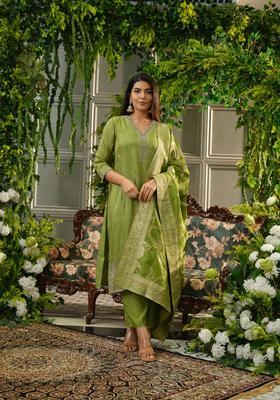 Green Embellished Polyester Kurta Set