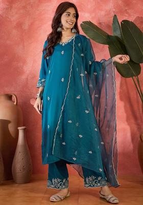 Teal Floral Print Cotton Kurta Set