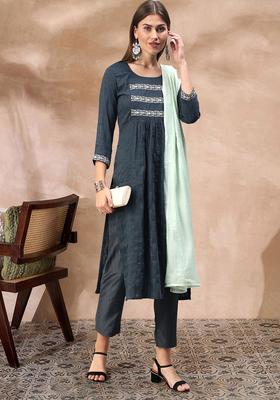 Teal Embroidery Silk Kurta Set