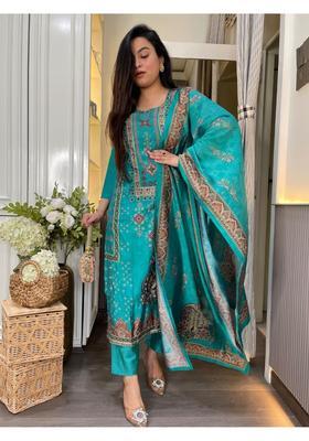 Teal Floral Print Rayon Kurta Set