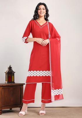 Red Solid Viscose Kurta Set
