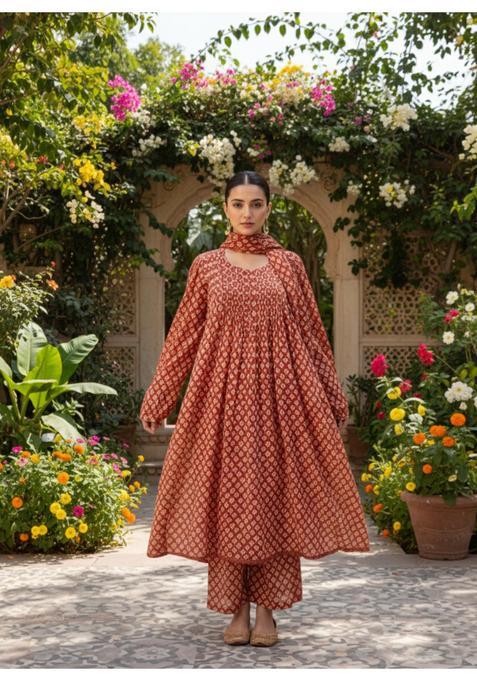 Red Floral Print Rayon Anarkali Set — view on Indya