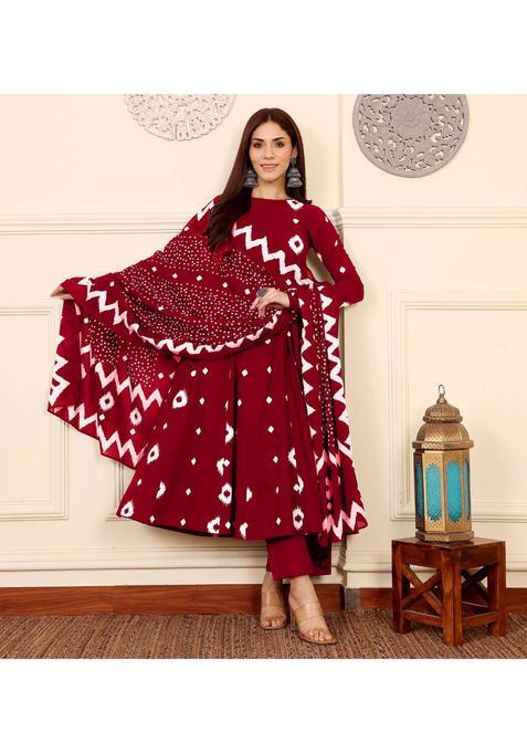 Red Printed Rayon Anarkali Set — view on Indya