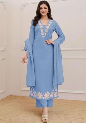 Blue Floral Print Rayon Kurta Set
