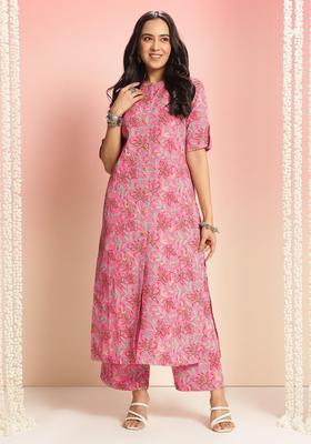 Pink Floral Print Rayon Kurta Set