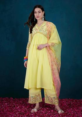 Yellow Embroidery Georgette Palazzo Set