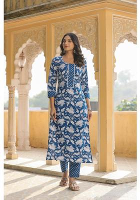 Blue Floral Print Rayon Kurta Set