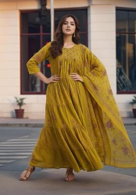 Mustard Yellow Printed Rayon Anarkali Set