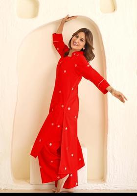 Red Embroidery Rayon Palazzo Set