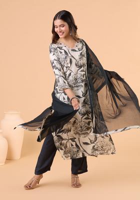 White Floral Print Cotton Kurta Set