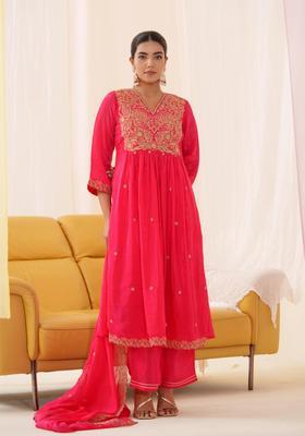 Red Embellished Silk Anarkali Set