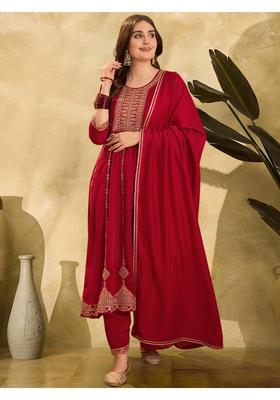 Red Embroidery Silk Anarkali Set