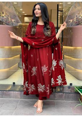 Red Floral Print Rayon Anarkali Set
