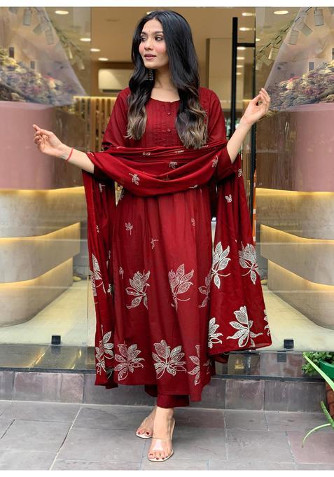 Red Floral Print Rayon Anarkali Set — view on Indya