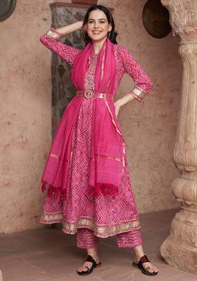 Pink Printed Cotton Anarkali Set