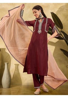Maroon Embroidery Cotton Kurta Set