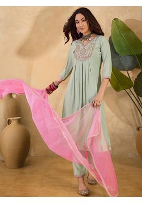 Green Embroidery Silk Anarkali Set