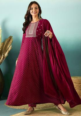 Maroon Embroidery Viscose Anarkali Set