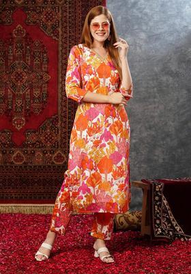 Orange Floral Print Rayon Kurta Set