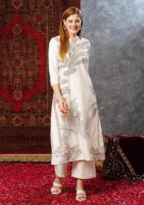 Off White Floral Print Rayon Kurta Set