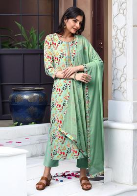 Green Floral Print Rayon Kurta Set
