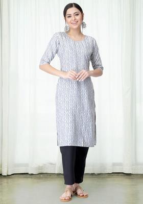 Grey Printed Crepe Kurta Set