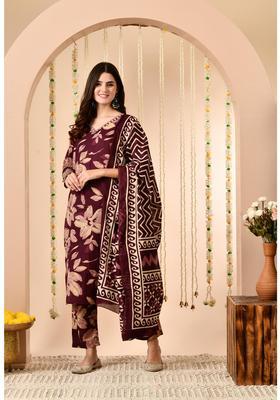 Burgundy Floral Print Cotton Kurta Set