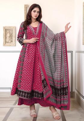 Pink Printed Rayon Anarkali Set