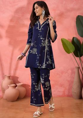 Navy Blue Floral Print Cotton Co-Ord Set