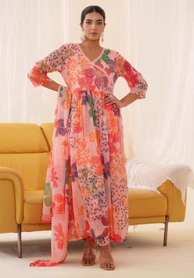 Orange Printed Chiffon Anarkali Set