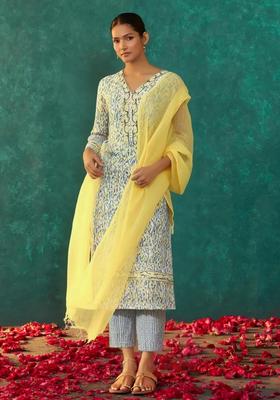 Yellow Printed Cotton Kurta Set