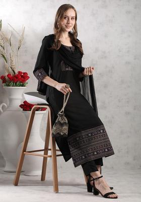 Black Embroidery Rayon Kurta Set