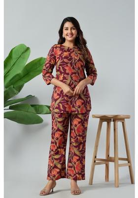 Maroon Floral Print Cotton Co-Ord Set