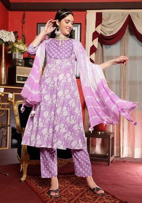 Purple Embroidery Cotton Kurta Set