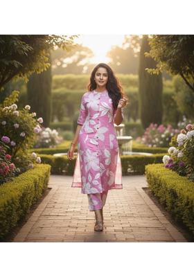 Pink Floral Print Rayon Kurta Set