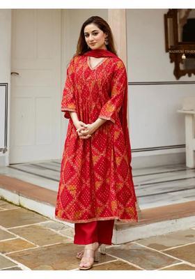 Red Printed Rayon Anarkali Set