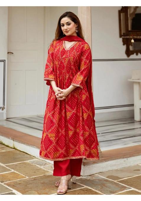 Red Printed Rayon Anarkali Set — view on Indya
