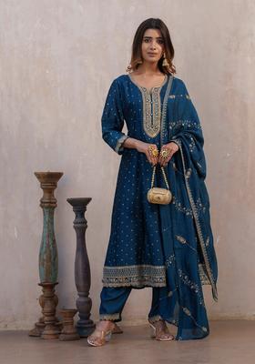 Navy Blue Embroidery Silk Anarkali Set