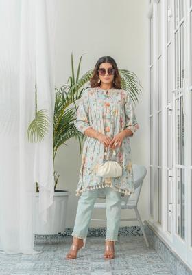 Blue Floral Print Linen Co-Ord Set