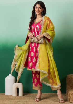Pink Printed Viscose Kurta Set