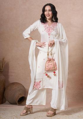White Embroidery Rayon Kurta Set