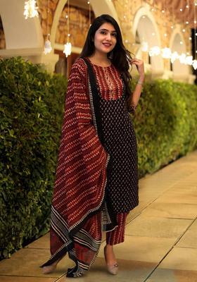 Black Printed Cotton Kurta Set